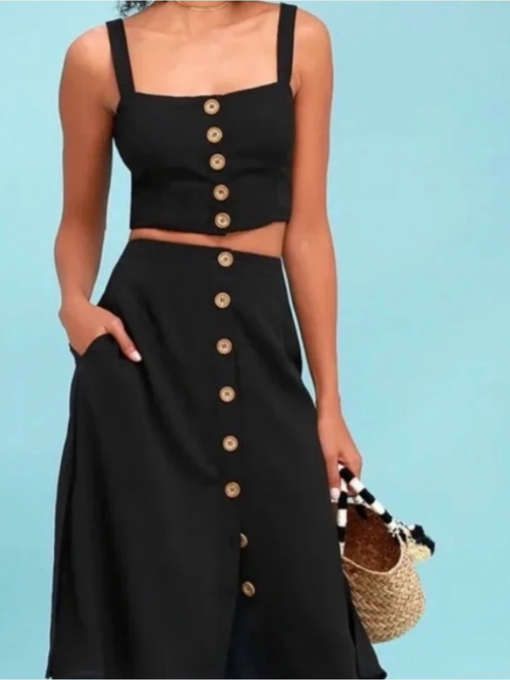 Lulu's Black Button-Front A-Line Midi Skirt with Crop Top Set
